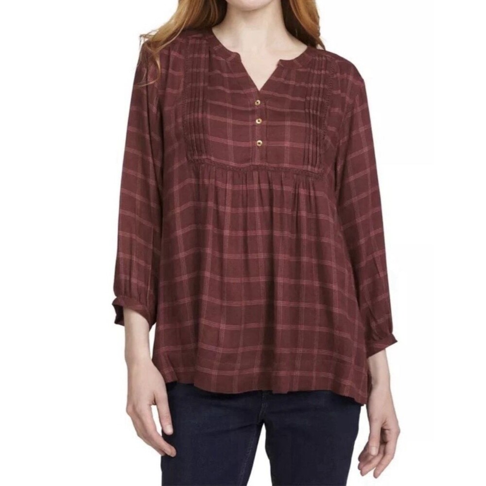 WRANGLER Brown Plaid Babydoll Top 3/4 Sleeves Pintuck Peasant Western XS NWT